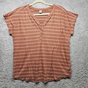 Old Navy Orange Stipe Henley Linen Tshirt Size Medium Casual Classic Pullover